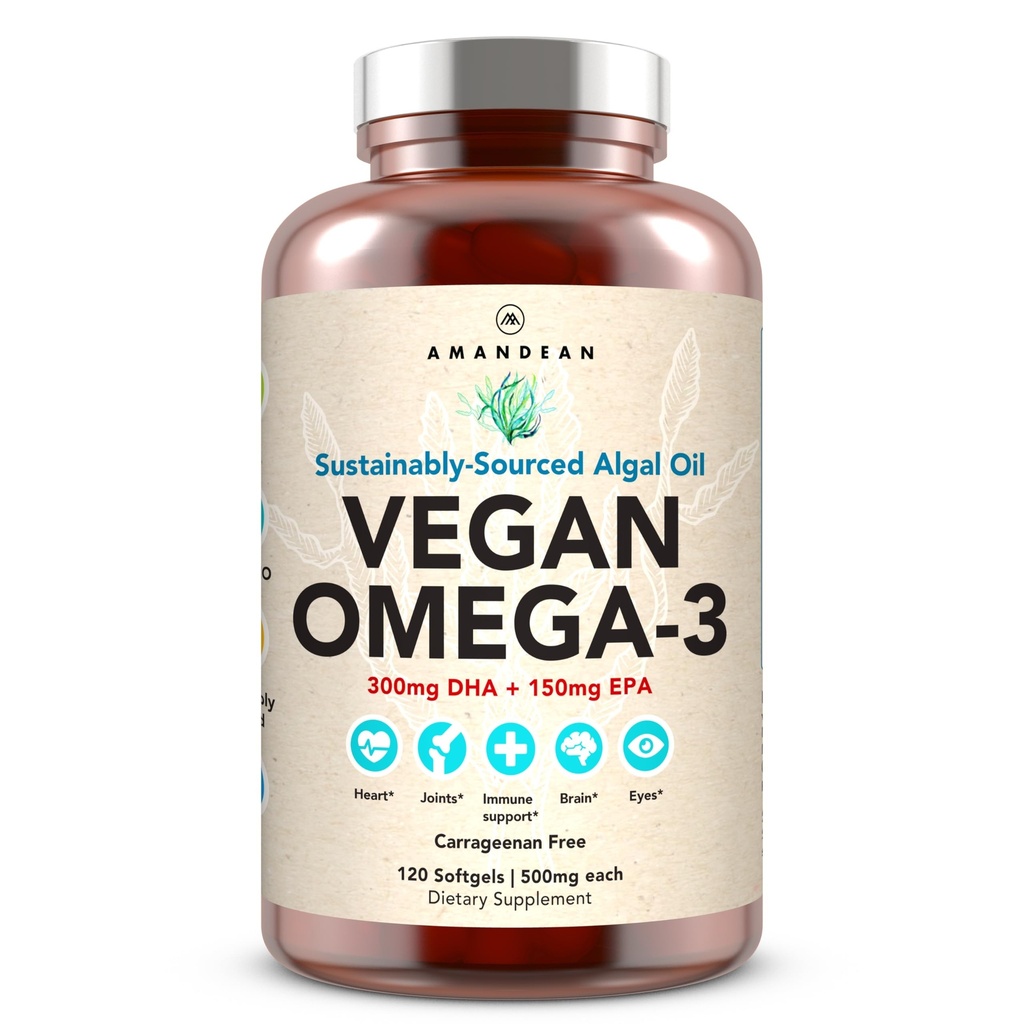AMANDEAN Vegan Omega 3 dodatek. Premium Fish Oil Alternative. Řasy DHA & EPA. Karagenan Volné kalhotky. Algal Essential Fatty Acids. Plant Based Heart, Mozek, Oko, Kůže, Imunitní podpora. (120ct)