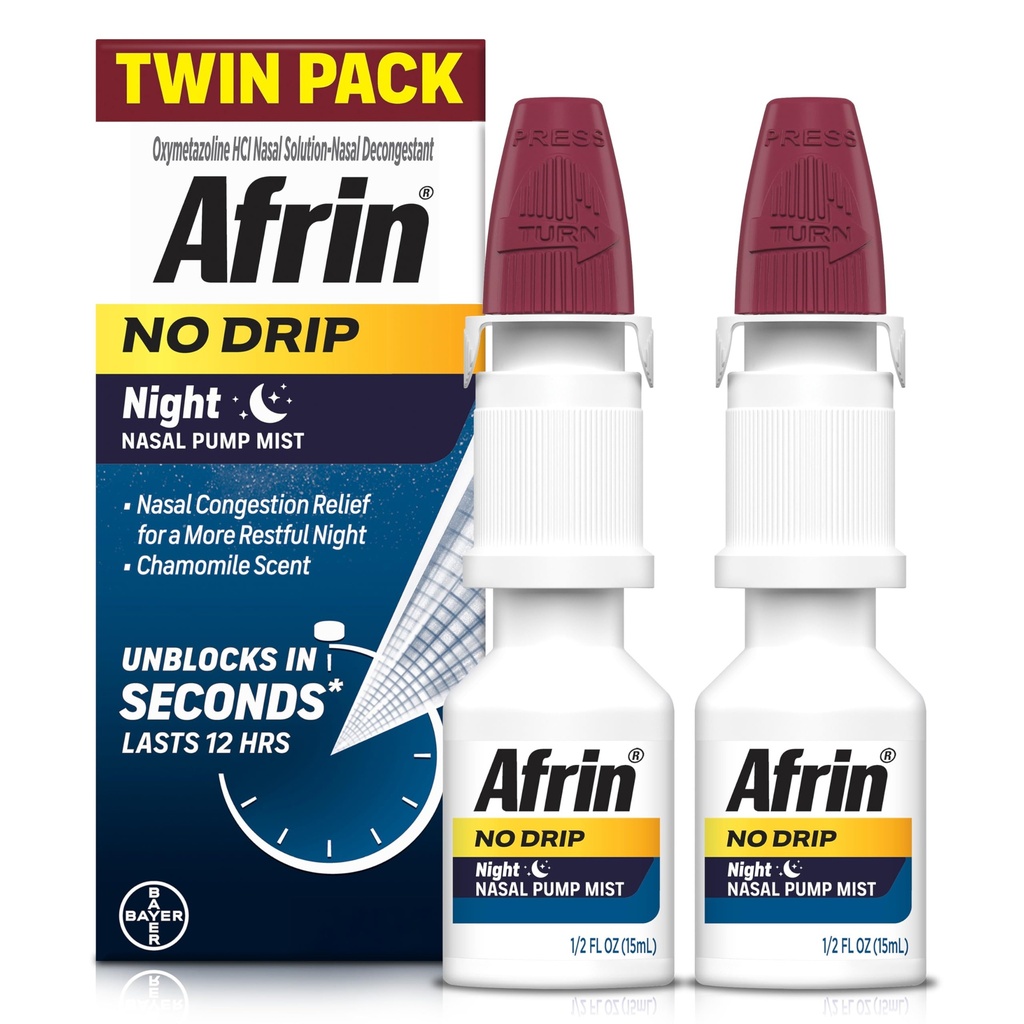 AFRIN No Drip Night Nasal Mist Twin Pack, Non- Drowsy, Fast- acting Decongestant for Restful Sleep with Heamomile Scent, Dospělí a děti 6 a starší, .5 fl oz (Pack of 2)