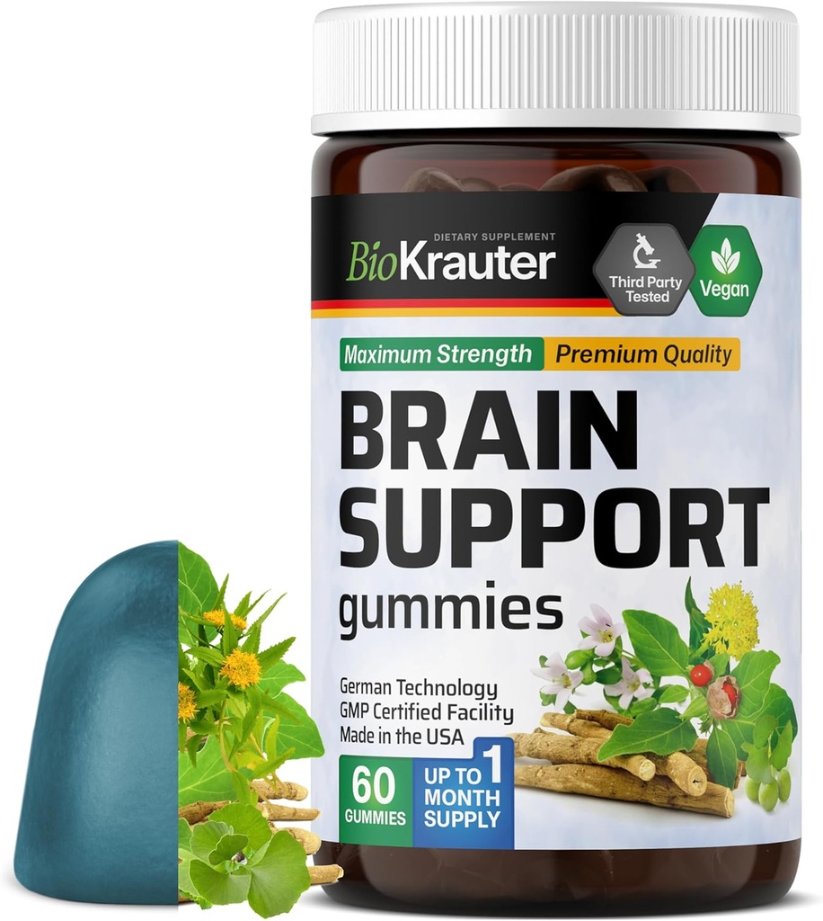 BIO KRAUTER Brain Support Gummies - 60 Vegan Chews - Přírodní mozkový doplněk - Ashwagandha, Ginkgo Biloba, Bacopa, DMAE a Vitamíny pro kognitivní podporu