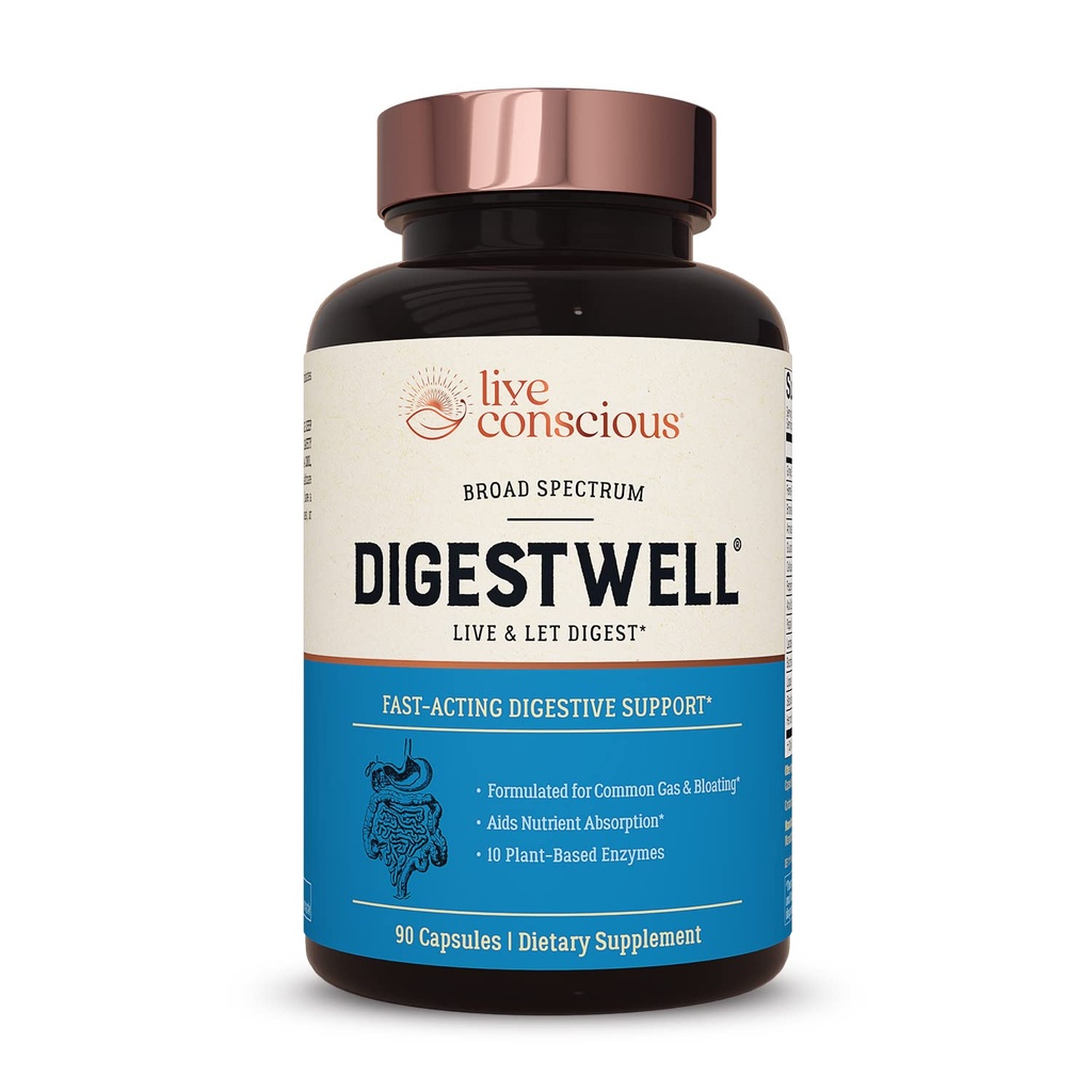 Živá konscious DigestWell Okamžitá podpora - Fast- působící stravitelná podpora 124; Broad Spectrum enzyme, Probiotic & Bylinný vzorec - Sníží každodenní plyn & Bloating - 90 Kapsle