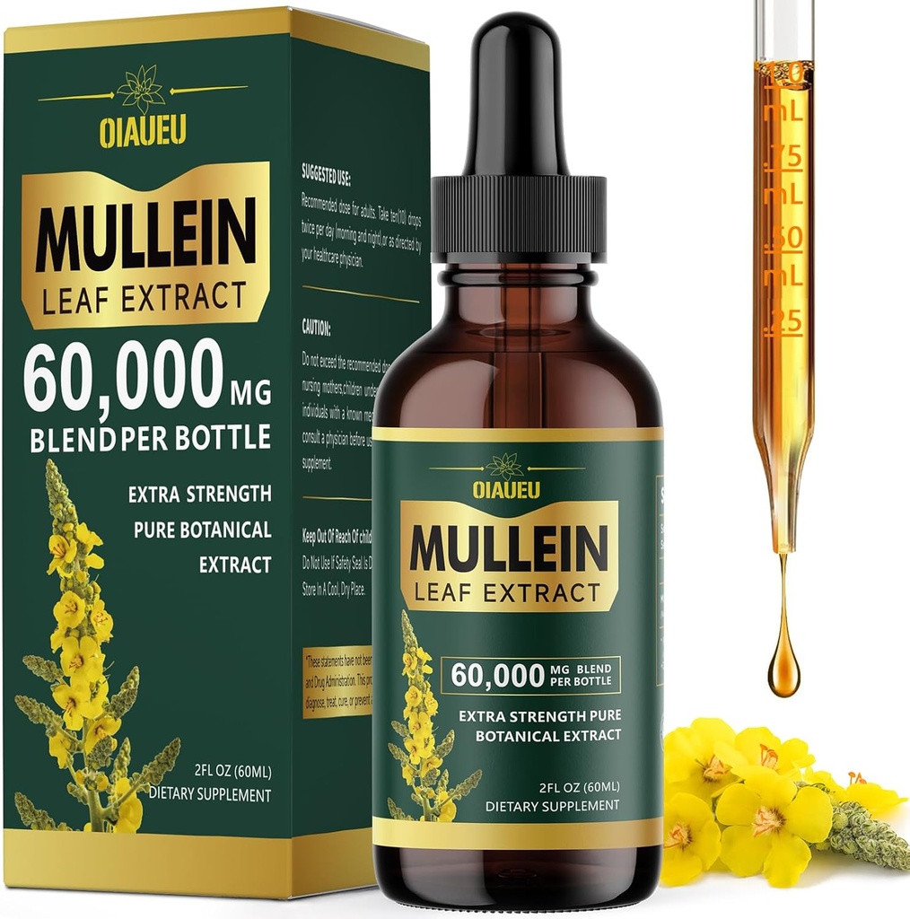 Organické Mullein Drops for Lungs, Mullein Leaf Tincture Support Lung Cleanse, přírodní doplněk tekutý extrakt pro Lung Detox a Respirační zdraví, Vegan, 2 fl oz