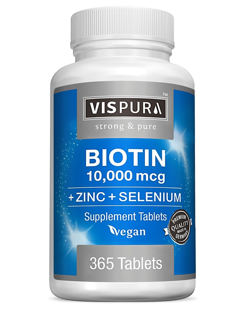 Biotin 10000 mcg + zinek + selen, čistý, Vegan & Extra silný, Nejlepší doplněk pro růst vlasů, Žhavá kůže, Silné nehty *, 365 Tablety pro 12 měsíců, Přírodní bez přísad