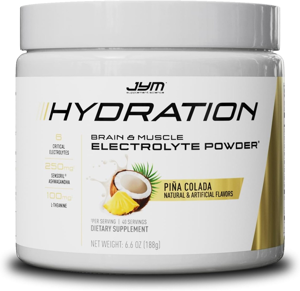 JYM Hydration Pina Colada Powder, Performance Electrolytes, Draslík, Sodík, Magnesium, pro muže a ženy, Theanine, Ashwaghanda, Theanine, 40 Služeb
