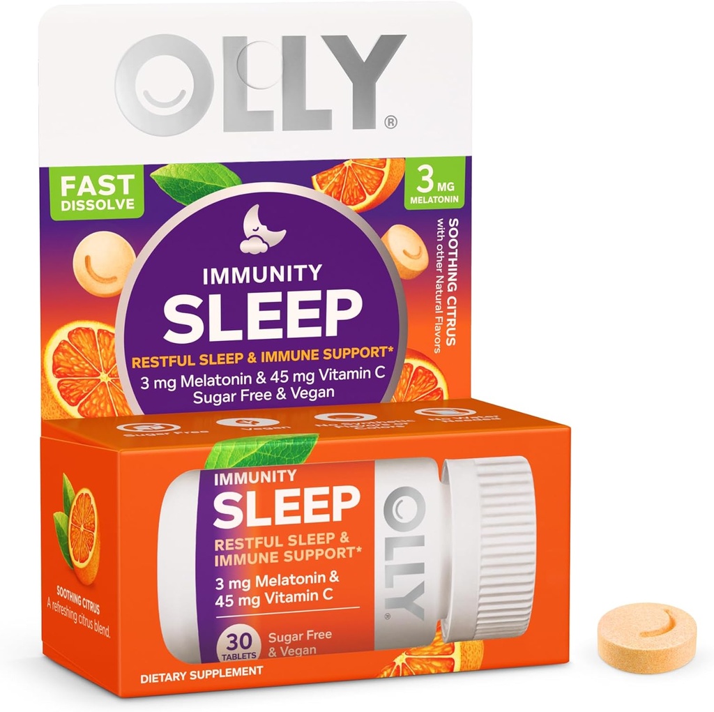 OLLY Imunity Sleep Fast Dissolves, 3mg Melatonin, Vitamin C, Citrus Flavor, 30 denní zásoba - 30 Počet