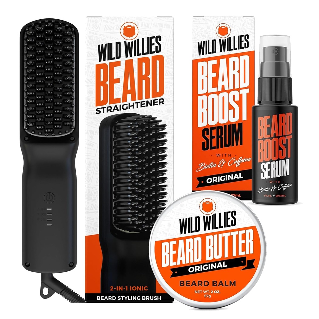 Wild Willies Beard Care Kit: Vyhřívaný Beard Straightener pro muže, Beard máslo, & Beard Růstové sérum - Ultimate Grooming Tool Set, Beard Balm, Hydrating Serum, Hot Comb Beard Brush pro denní použití