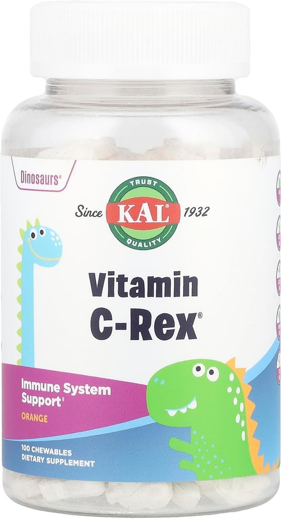 Kal C-Rex Žvýkací vitamín C pro děti, doplněk imunitní podpory s bioflavonoidy z Rose HIPS, Rutin & Acerola, Tasty Orange, Fruktosa zdarma, Žvýkací tablety