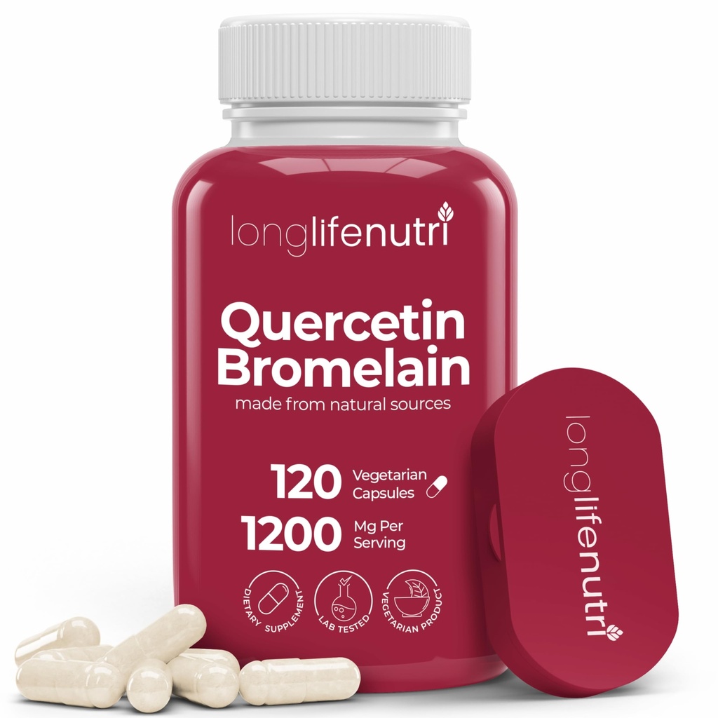 LongLifeNutri Quercetin 1000mg s Bromelain 200mg - 120 Vegetariánských kapslí, Organic Dihydric Complex for Joint Mobility & Respirační bilance, 2- Month Supply, GMP Certified, Made in USA