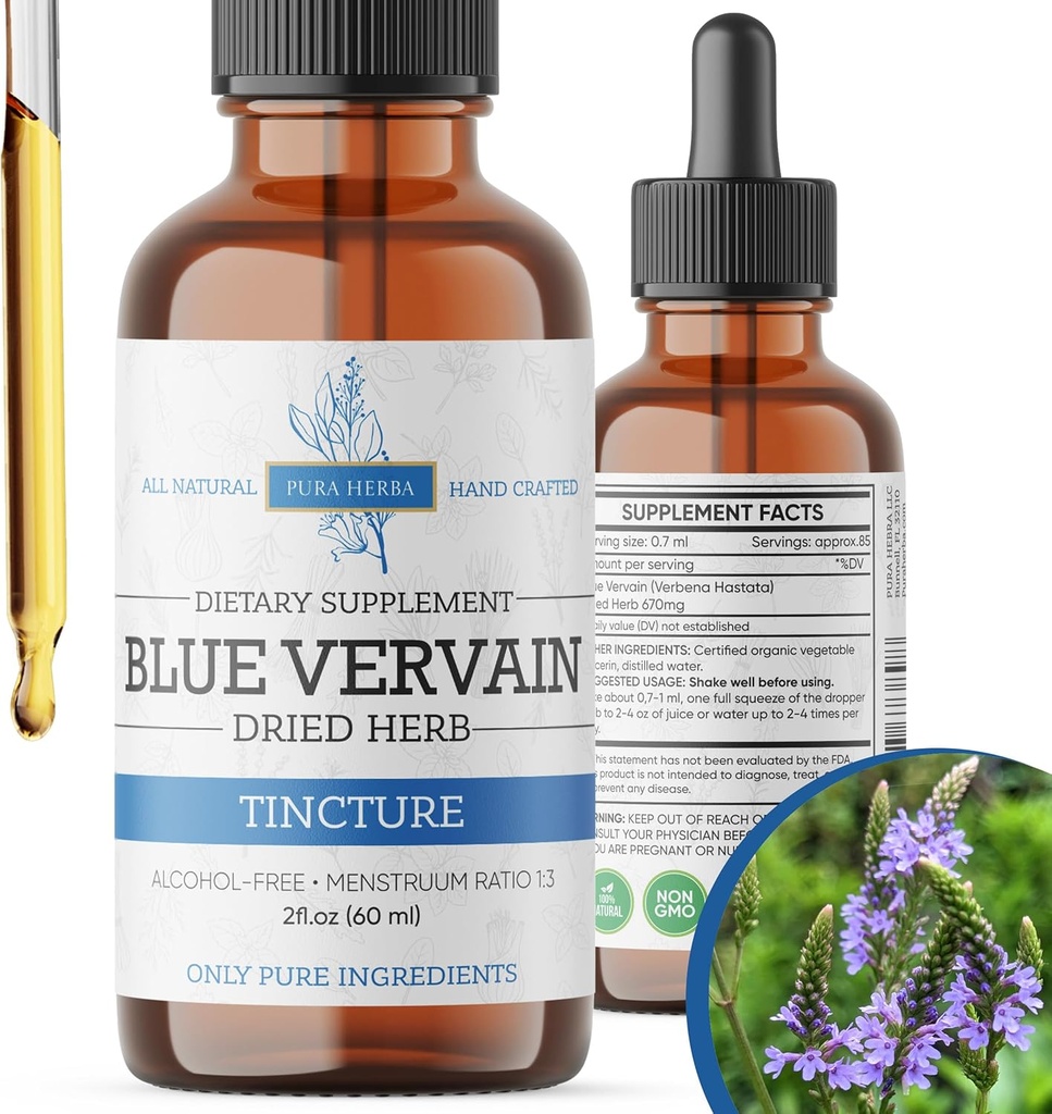 Blue Vervain Herb Organic, Blue Vervain tinktura, Alkohol zdarma, Vegan - 2 Fl Oz