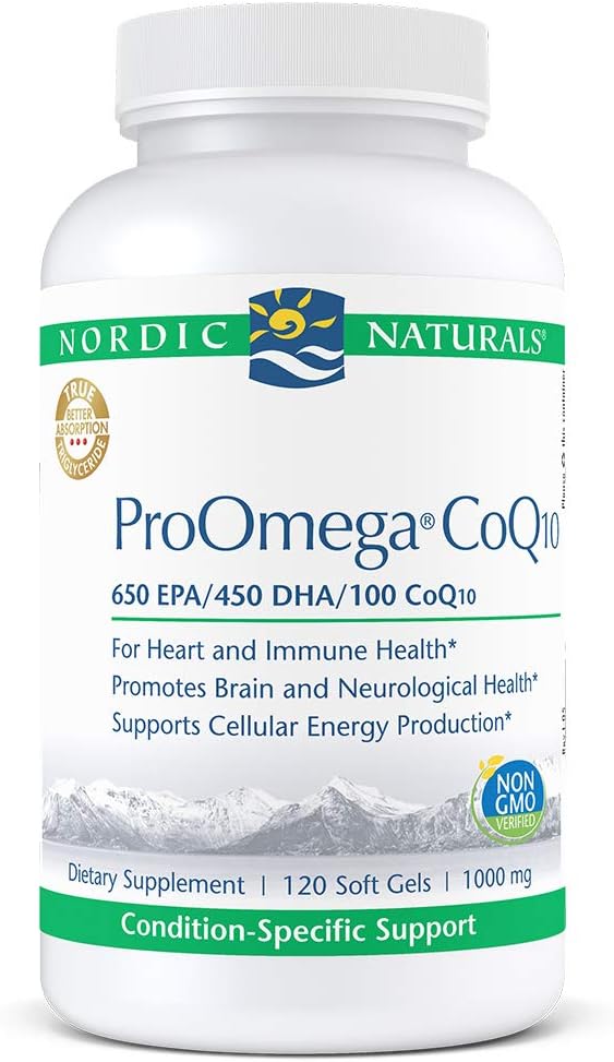 Nordic Naturals ProOmega CoQ10 - Fish Oil, 650 mg EPA, 450 mg DHA, 100 mg CoQ10, Promotes Neurological Health and Cellular Energy Production *, 120 Soft Gels