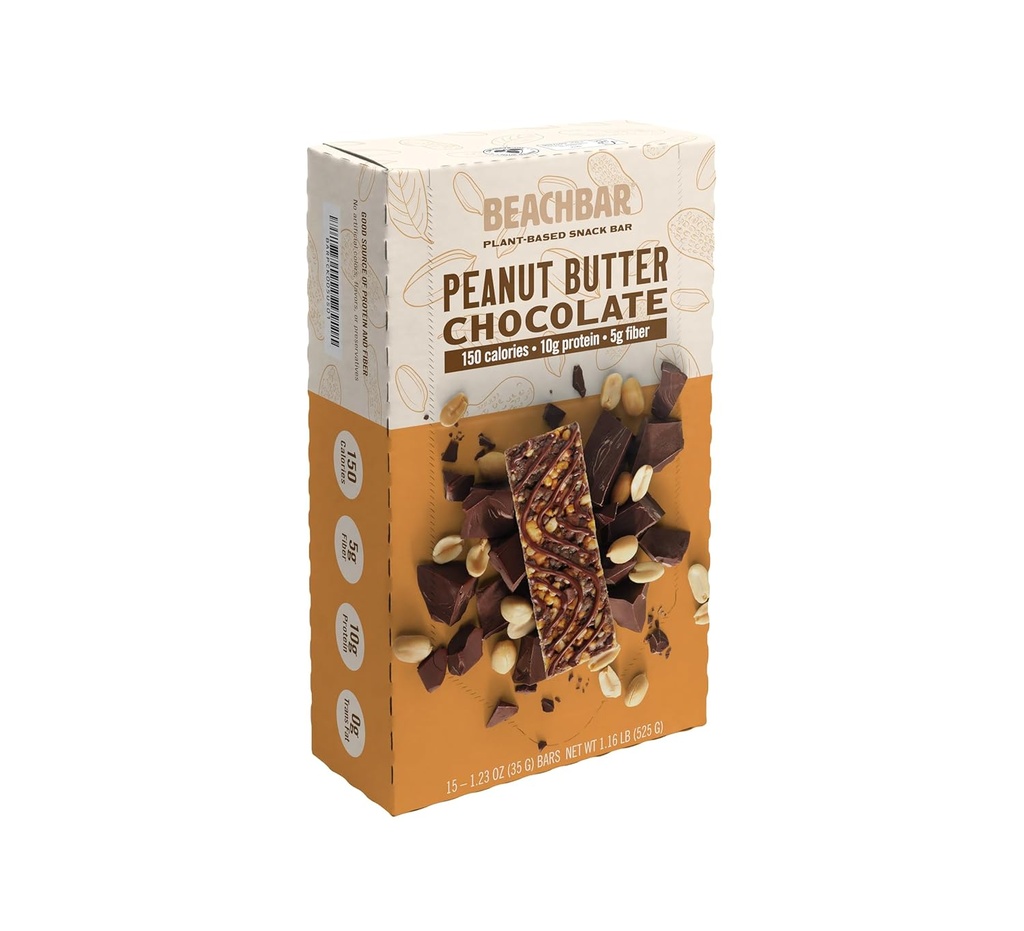 BODi BEACHBAR Peanut Butter Chocolate - Protein Rich Vegan Snack Bar, Gluten- Free, Nízký glycemický index, 10g protein, 150 kalorií, 15 barů na krabici