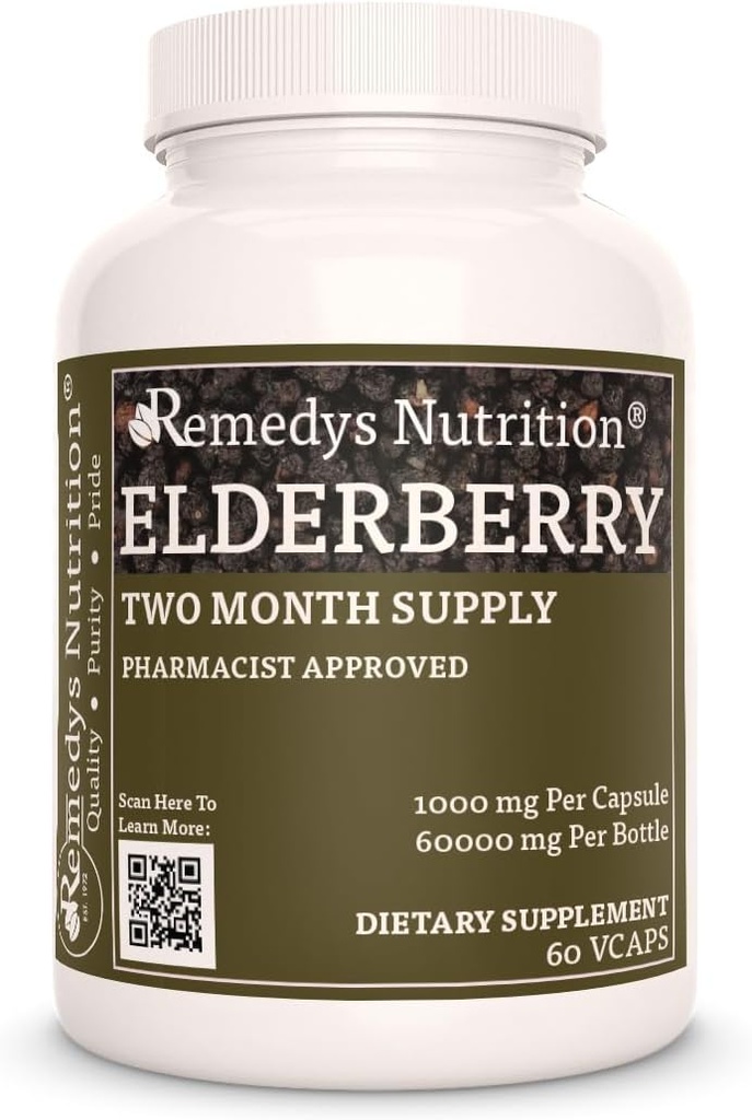 Remedy 's Nutrition Elderberry PHAR124; 1000 mg, 60 Vegan Kapsle Bylinné dietní dodatek PHAR124; Dva měsíce dodávky
