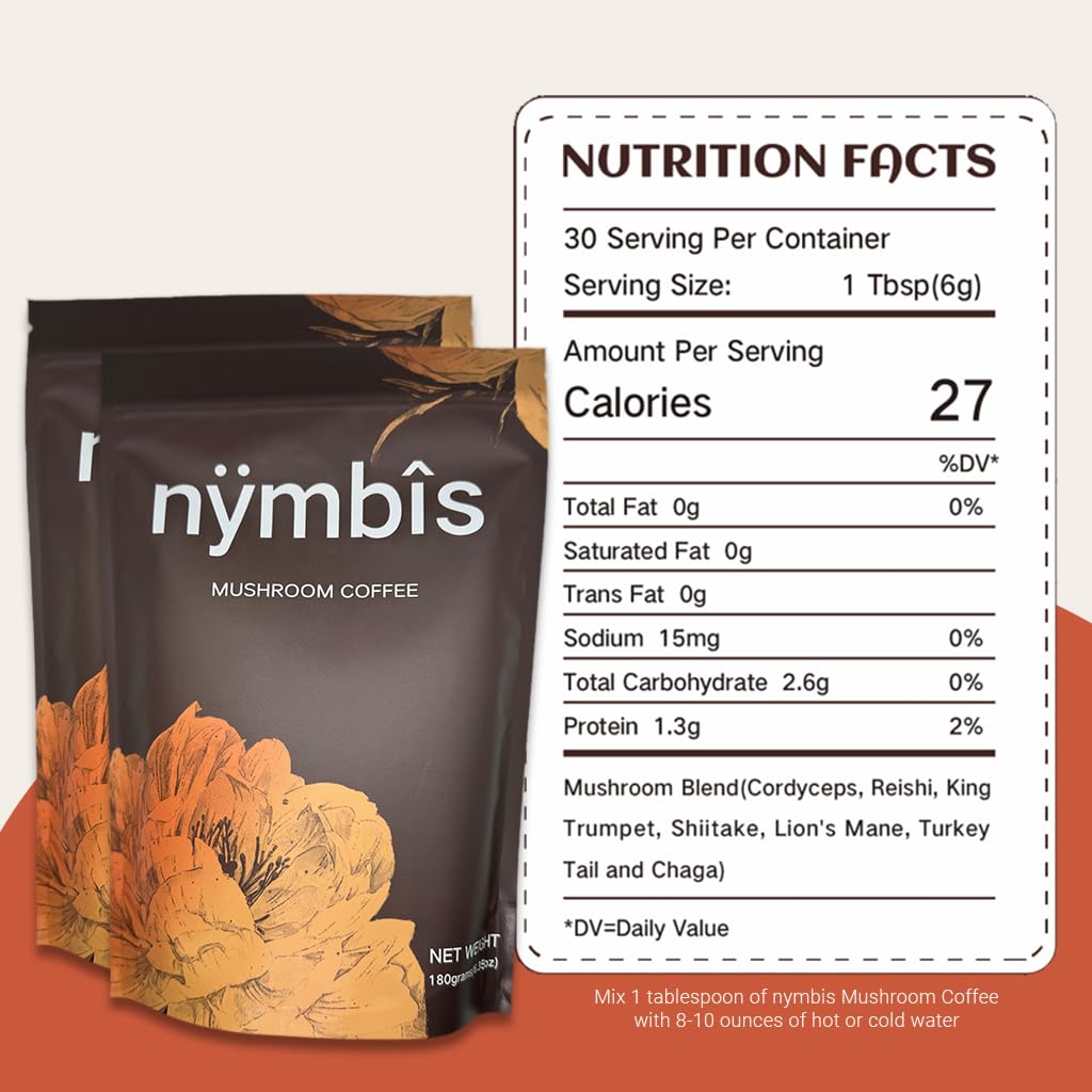 nymbis Houba káva 124; pozemní káva s 7- Houby Blend (Cordyceps, Lví hříva, Reishi, Chaga, Maitake, Shiitake, Turecko Tail) 124; INSTANT COFFEE 124; 30 Služeb
