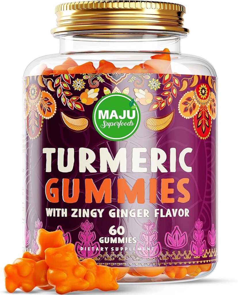 Maju Superfoods Kurkumin Gummies 60ct, Zingy Ginger Taste, Black Pepper Extract for Enhanced Absorption and Potency, Turmeric Gummies for Dospělí a děti