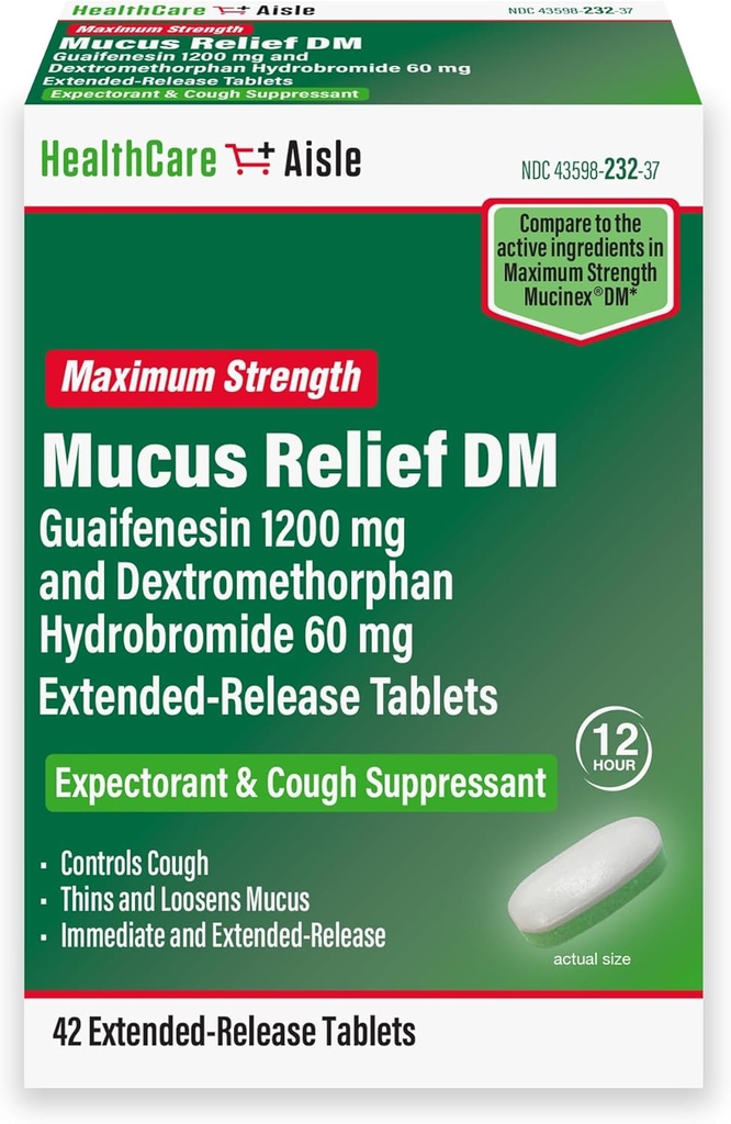 HealthCareAisle Guaifenesin 1200 mg Dextromethorphan Hydrobromid 60 mg Extended Release Tablety - 42 Počet - Mucus Relief Expectorant a Cough Suppressant Vyjádřený pro Chest Congestion Relief