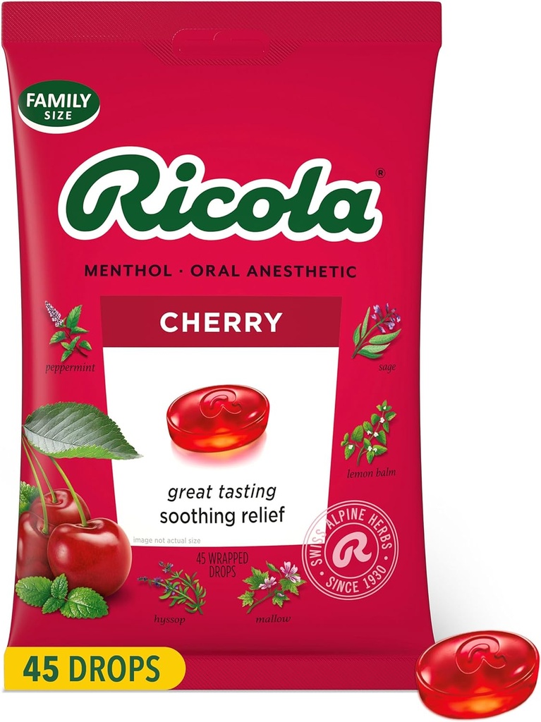 Ricola Cherry Throat Drops, 45 Počet, Denní kapky pro lahodné osvěžení hrdla, Orální anestetika, Přirozeně ochucené