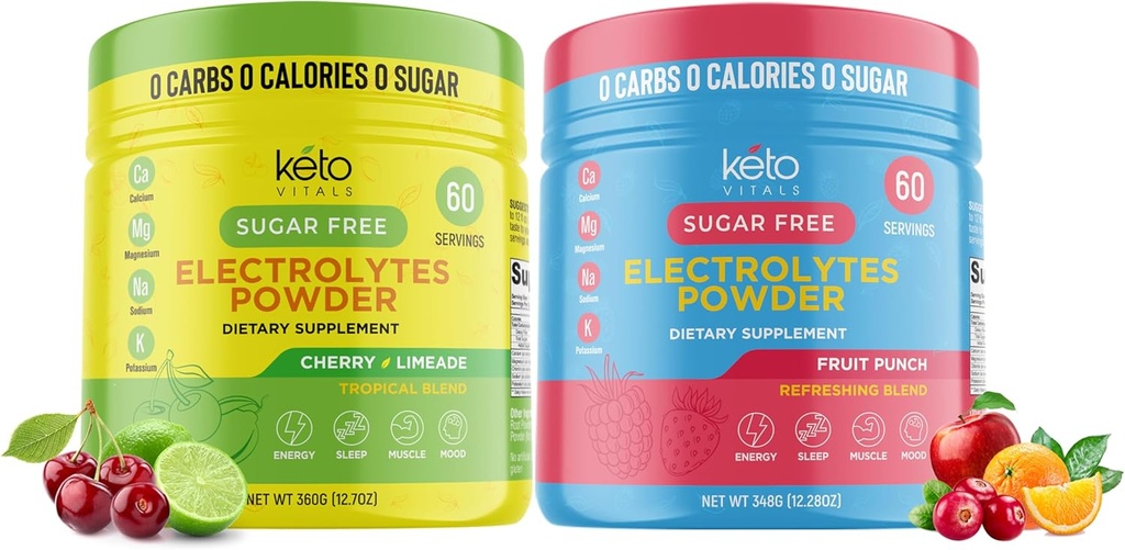 Keto Vitals Cherry Limeade Bundle with Fruit Punch - 2 Pack Bundle Keto Electrolytes Powder - Keto- Friendly Electrolytes with Draslík, Magnesium, Sodík, Vápník - Cherry Limeade & Fruit Punch
