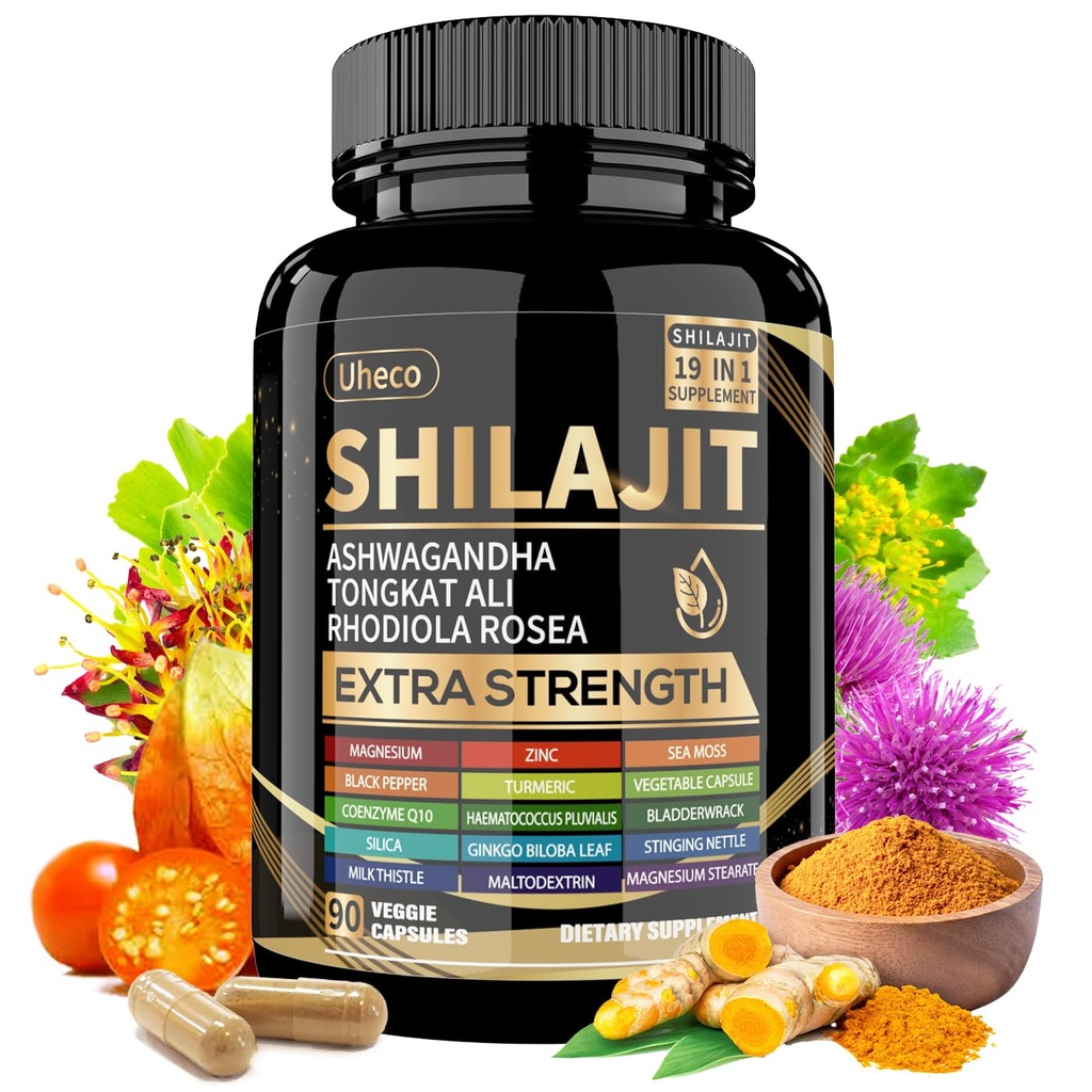 Shilajit dodatek s Moss Moss, Ashwagandha, Tongkat Ali - Shilajit Pure Himalayan Organic Fulvic kyselé kapsle - 90 Počet