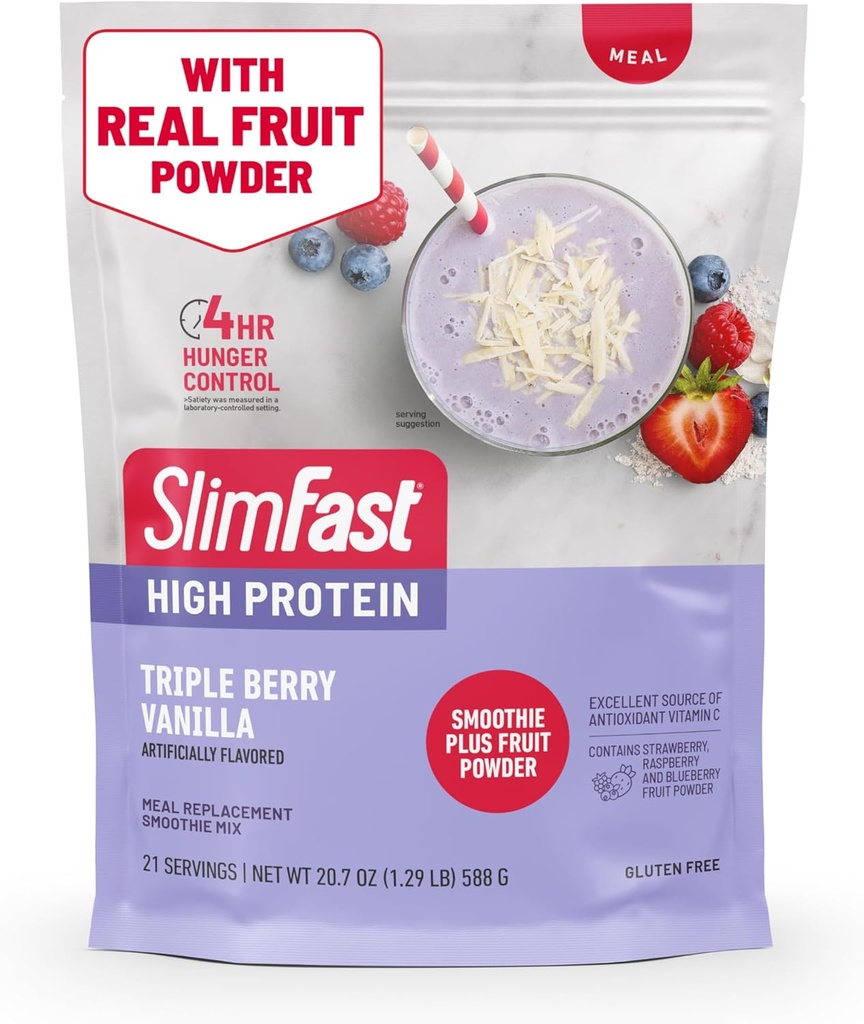 SlimFast High Protein Smoothie Mix Plus Ovocný prášek, High Protein Meal Náhradní prášek, Vláknina, Vitamin C, 21 Služební, 1.29 Pounds, Triple Berry Vanilla (Balení květen Vary)