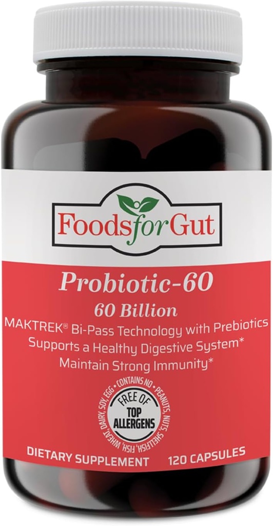 Potraviny pro Gut Probiotické kapsle 60 miliard Cfu 's cfus 124; MAKTrek Bipass Technology C1124; Digestivní a imunitní podpora 120 Kapsle