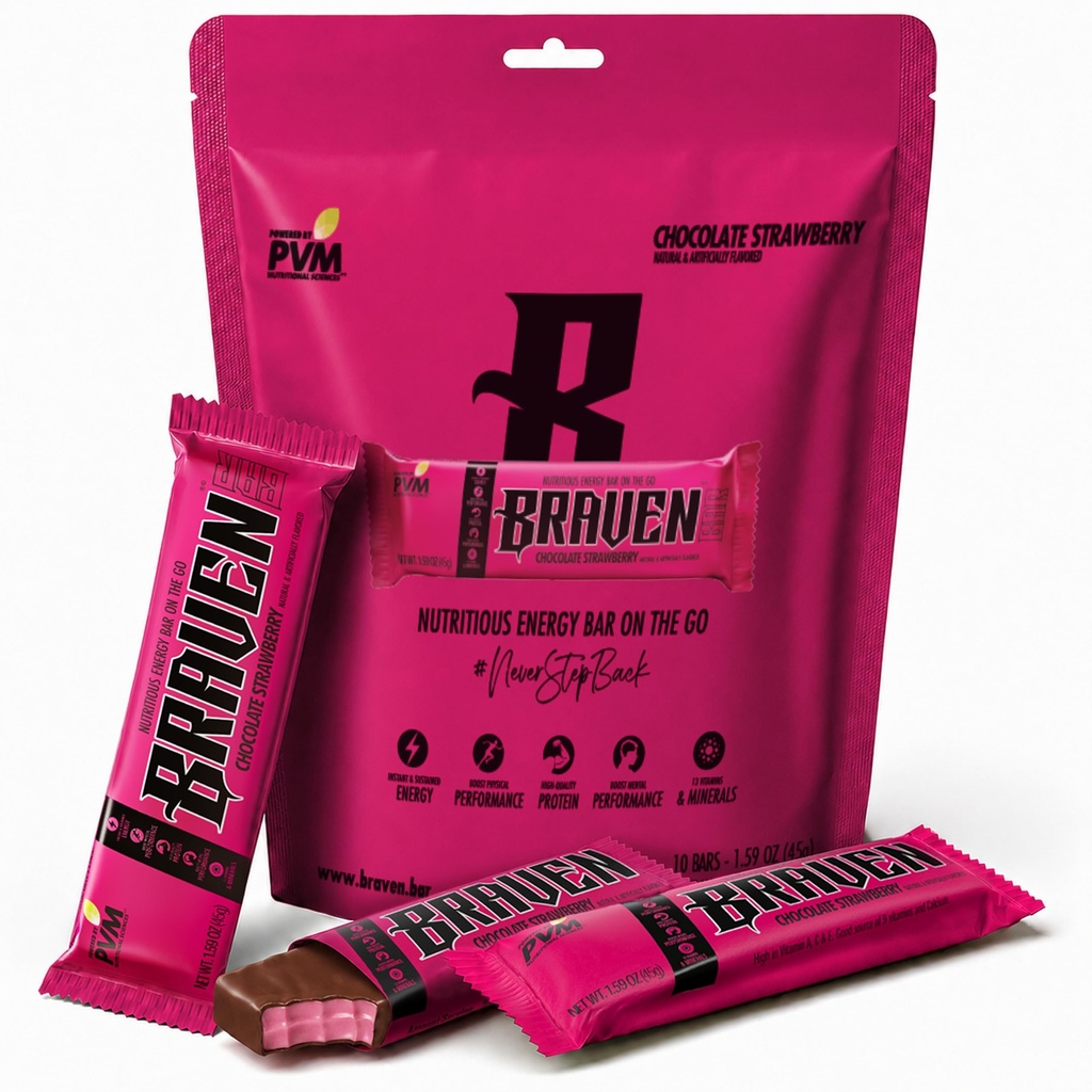 Braven Bar Čokoládové Strawberry Energy Bary (1.59 oz, balení 10) - Energetické Žvýkačky s 5g proteinem - On- the- -Go energetické snacks pro běh, turistiku a sport - Gluten zdarma Snacks pro setrvalé energetické boost
