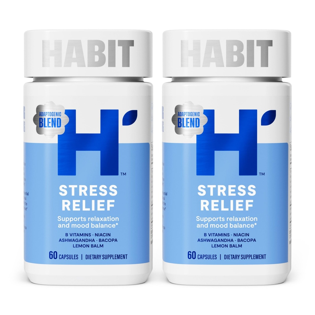 Habit Stress Relief Doplněk 2 Balení (120 Kapsle) - Nový vzhled, Podporuje Relaxation & Mood Balance, Vitamin B, Adaptogeny, Lemon Balm, Uklidnění, Vegan, Non- GMO