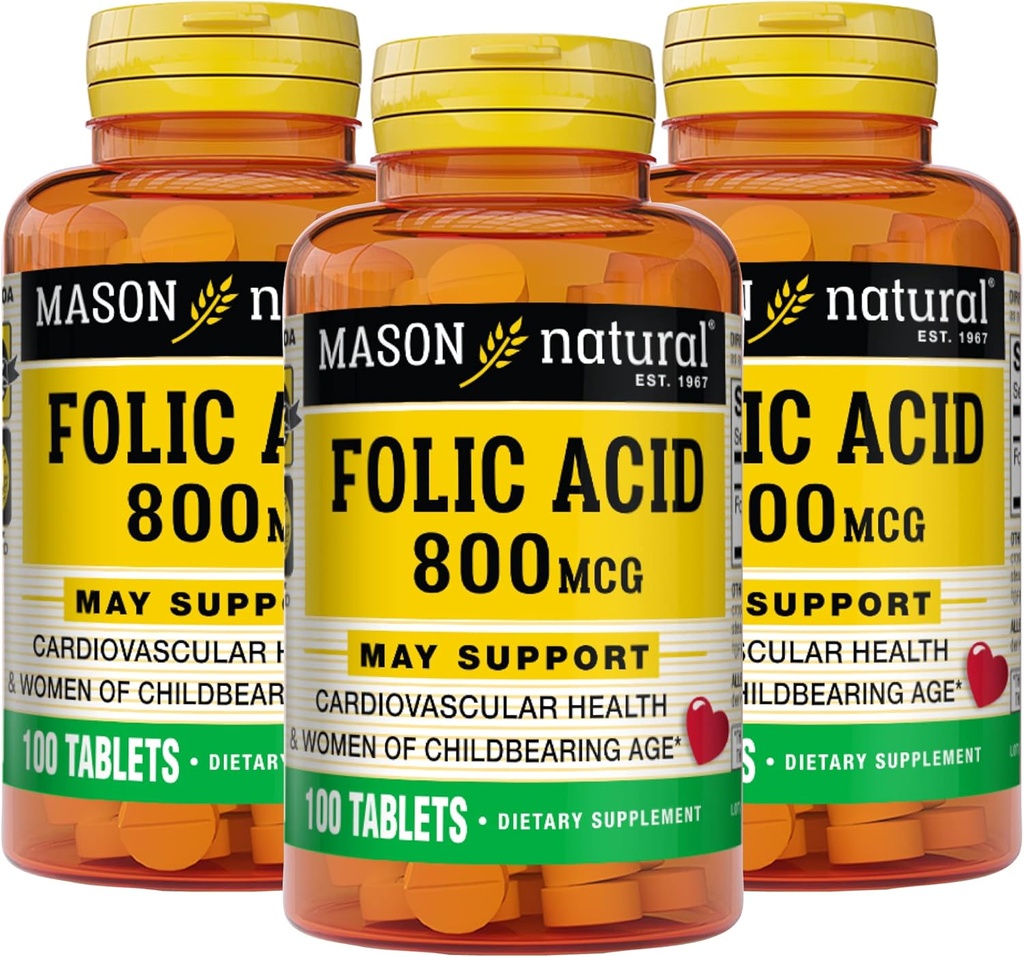 MASON NATURAL Folic Acid 800 mcg - Pomáhá při funkci nervového systému, Denní dodatek pro zdraví, nálady a prenatální péči, pro ženy v dětském věku, 100 tablet (balení po 3)