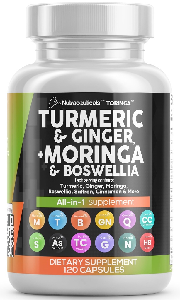 Čisté nutracea Turmeric Moringa dodatek 124; Ginger Boswellia Saffron - dodatek pro ženy a muže s Cejlonskou skořicí, Tart Cherry, Quercetin Česnek Nettle Svatý Basil - 1Pack