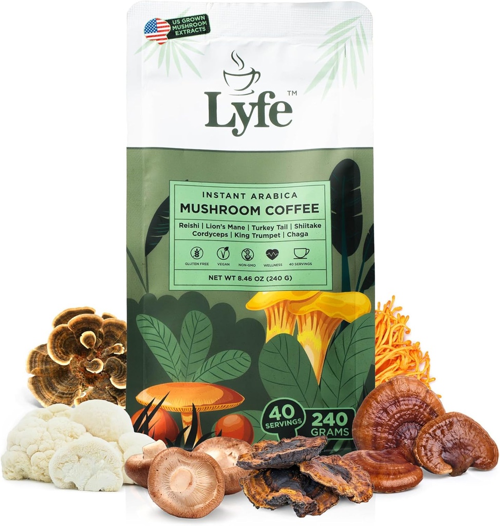 LYFE Organic Instant Houby Coffee - Lion 's Mane, Chaga, Cordyceps, Turecko Tail 124; USA Grown Adaptogenic Houby pro lepší energii, Focus, Gut Health, Imunity - 40 Služeb