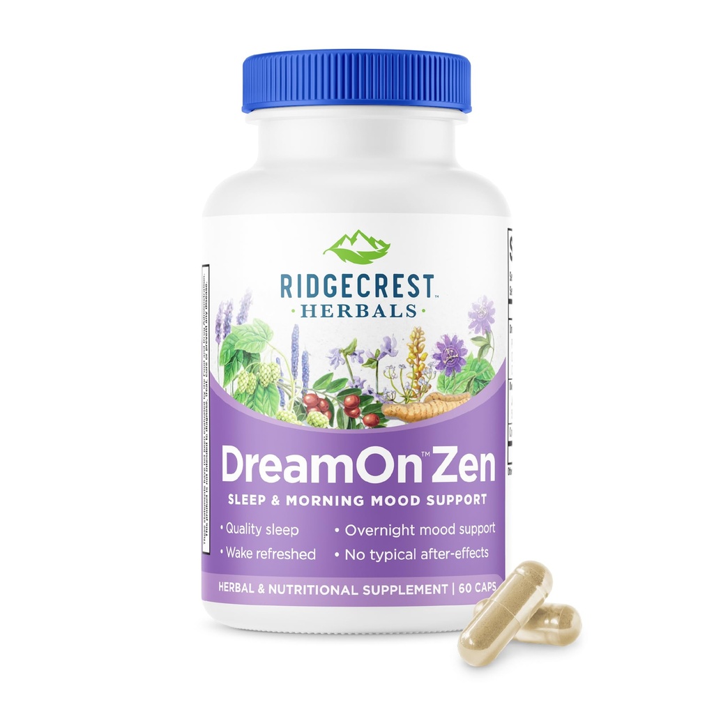 Ridgecrest Herbals DreamOn Zen, Sleep Supplement, Melatonin Free, Magnesium, 5-HTP, Levandule, Heřmánek, Valerian, Lemon Ball pro dospělé a děti 12 + (60 Caps, 30 Serv)