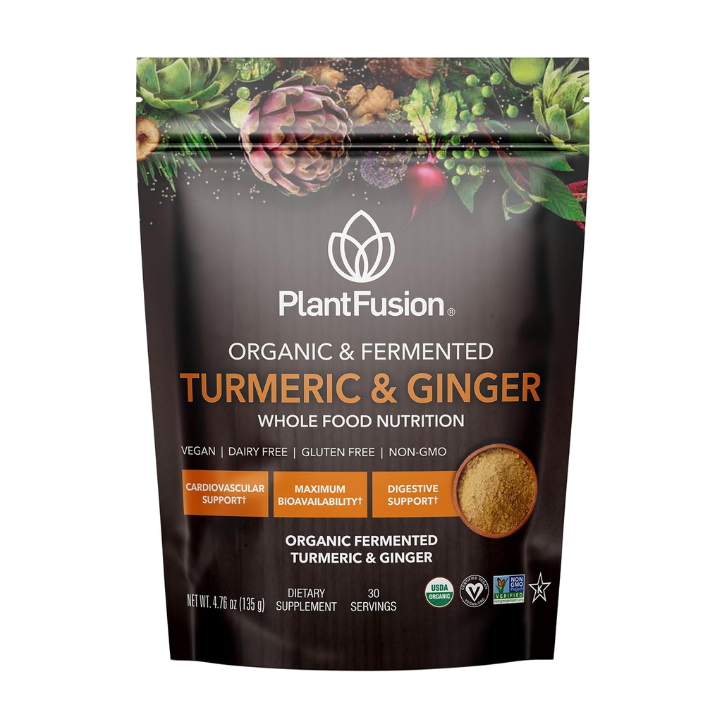 PlantFusion Turmeric and Ginger Drink Mix - fermentovaný celý potravní výživa, bylinný dodatek prášek s kurkuminoidy - USDA Certified Organic, Non- GMO, Vegan, gluten- Free, 4.76 oz 30 Servings