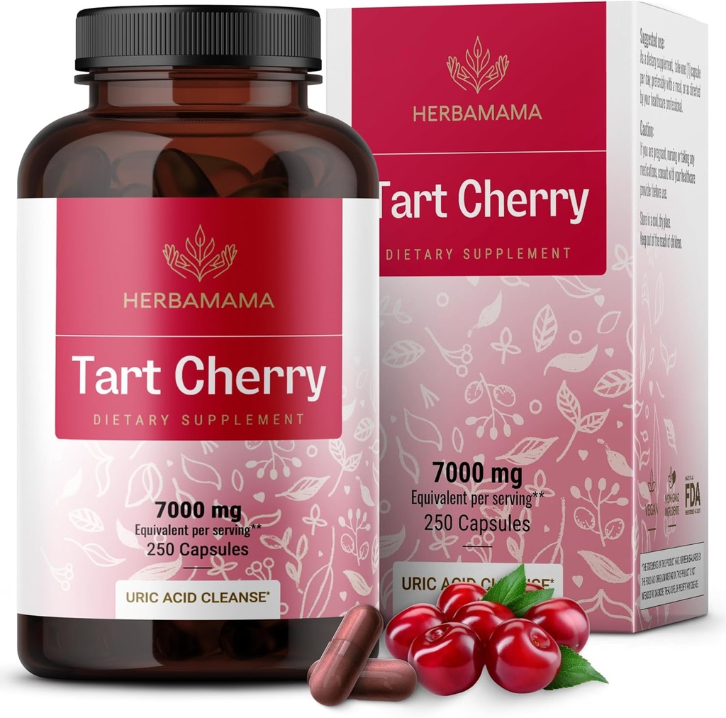 HERBAMAMA Tart Cherry Extract Capsules - Tart Cherry Extract for Uric Acid Support - Vegan, Non- GMO Antioxidant Supplement
