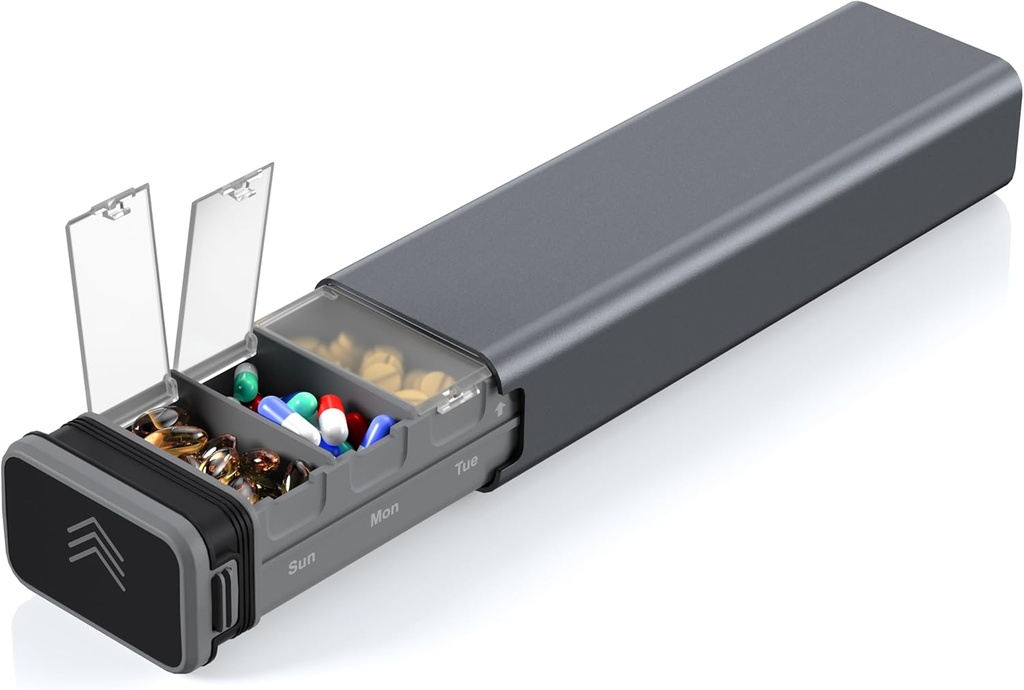 7 dní Týdenní Metal Pill Organizátor Cestování, Kursoaya Premium Hliníkové Denní Pill Box, Roztomilý Přenosný Pill Pouzdro, Velká kapacita Držák pilulek pro doplňky, pilulky, Vitamíny, Medicine (Steel Grey)