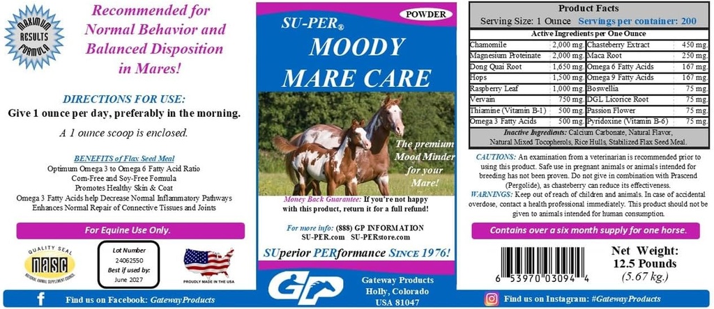 SU-PER Moody Mare Care Powder - Herbal Equine Horse Dodatek s Chasteberry & Maca Root - 12,5 liber