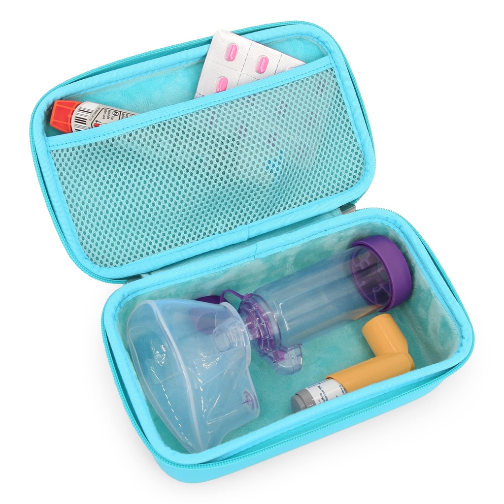 CASEMATIX ASTHMA Inhaler Pouzdro pro cestovní Fits ASTHMA Inhaler Spacer S připojenou maskou, držák Inhaler a další příslušenství používané s Spacer pro Inhaler, Zahrnuje pouze Turquoise Asthma Pouzdro