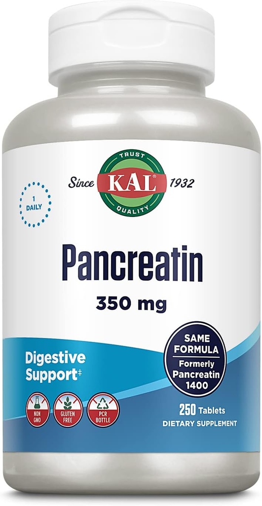 Kal Pancreatin 350mg, Dědičné Enzymy pro ženy a muže, Pankreatické Enzymy pro stravitelnou podporu zdraví, Gluten Free, Non- GMO, Rychlá dezintegrace, 60denní záruka, 250 Servings, 250 Tablet