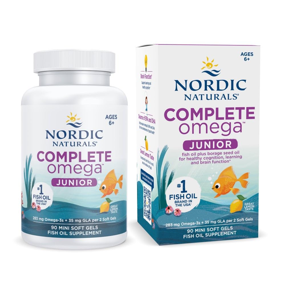 Nordic Naturals Complete Omega Jr., Lemon - 90 Mini Soft Gels - 283 mg Omega- 3s & 35 mg GLA - Zdravé kódování, funkce nervového systému - Non- GMO - 45 Servings