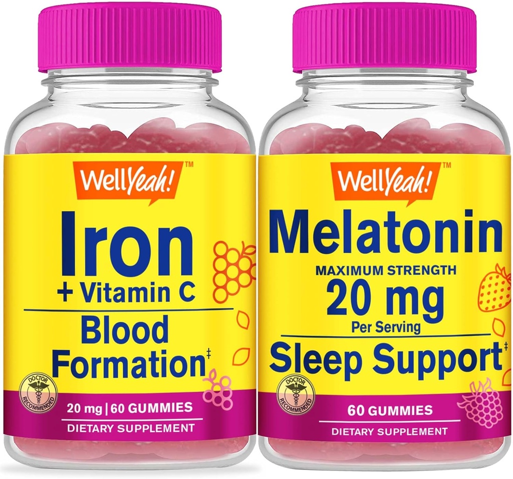 WellYeah Iron + vitamín C + melatonin 20mg, Gummies Bundle - Velký přípitek, vitamin dodatek, gluten zdarma, GMO zdarma, Žvýkací žlab