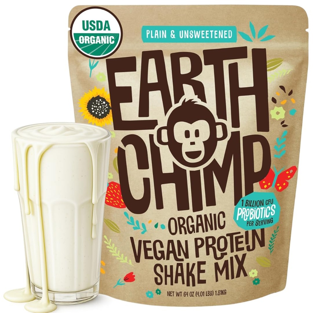 EarthChimp Organic Vegan Protein Powder - s probiotiky - Non GMO, mléčné výrobky zdarma, nesyrovátka, rostlinné bílkoviny prášek pro ženy a muže, gluten zdarma - 52 Služeb, 64 Oz (Plain & Unslated)