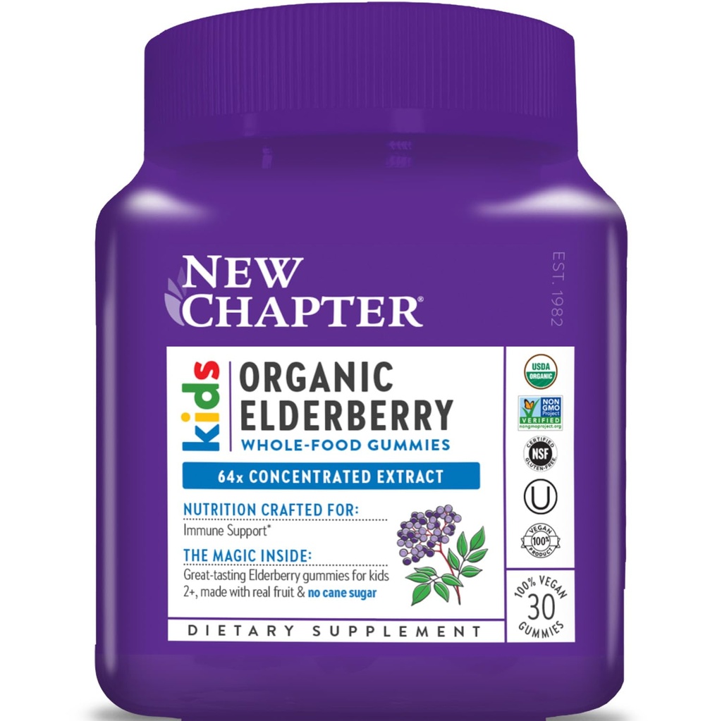 Nová kapitola Elderberry Gummies for Kids 2 +, USDA Organic, 64x Koncentrované čisté Elderberry pro imunitní podporu, Great Ochutnávání Whole- Food Gummies, Vegan & Non- GMO, 30 ct