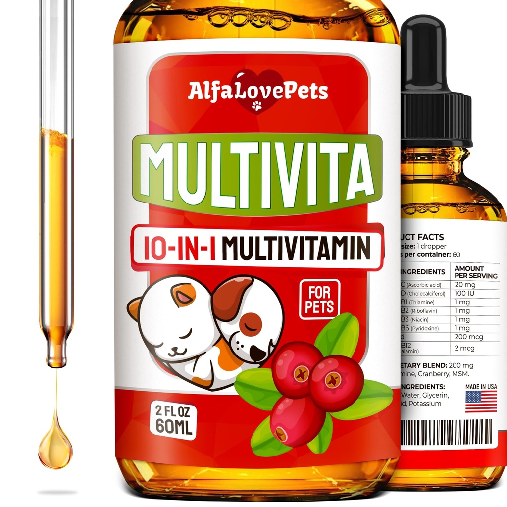 Liquid Multivitamin pro psy - Cat Multivitamins pro vnitřní kočky - 10- in-1 Liquid Dog Vitamins B Complex, C, D3 - Digestion, Močení, Hip & Joint, Skin & Coat - Brusinkový Flavor - 2 Oz