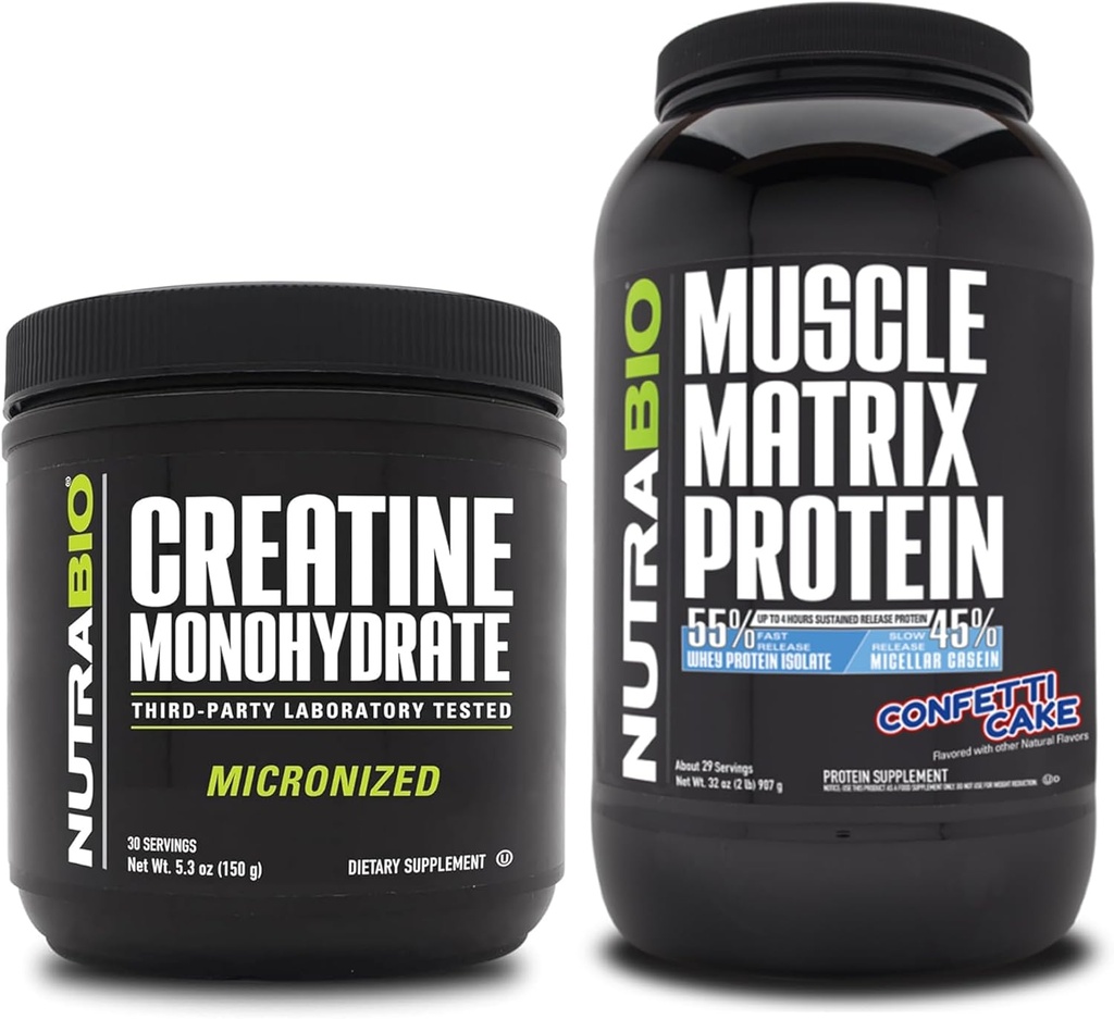 NutraBio Creatine Monohydrát, Neochucené, (150 g) a Muscle Matrix Protein Powder, (Confetti Cake) Dodatek Bundle - Svalová energie, Maximální růst, zotavení, a síla