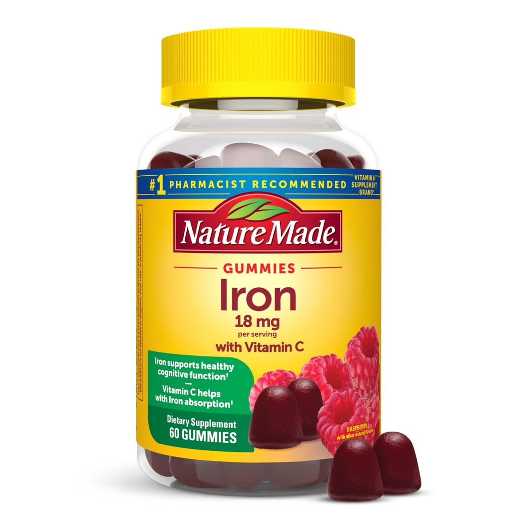 Příroda Made Iron 18 mg na porci s vitamínem C, Dietní dodatek pro podporu červených krvinek, 60 gumové, 30 denní zásobování