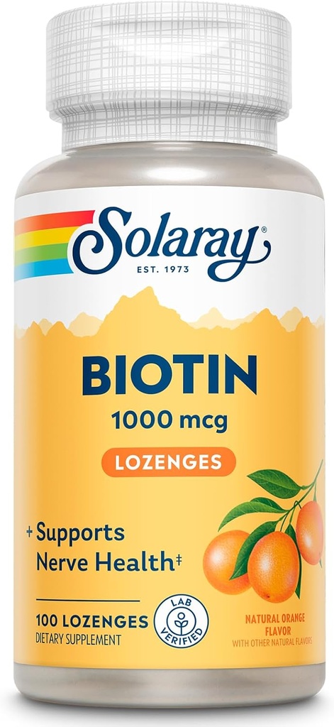 SOLARAY Biotin 1000mcg Lozenges - Biotin dodatek s vitamínem A - Nervové funkce a buněčná energie podpora - Přírodní pomerančová šťáva Flavor, Velká chuť, 60- denní záruka, 100 Služeb, 100 Lozengů