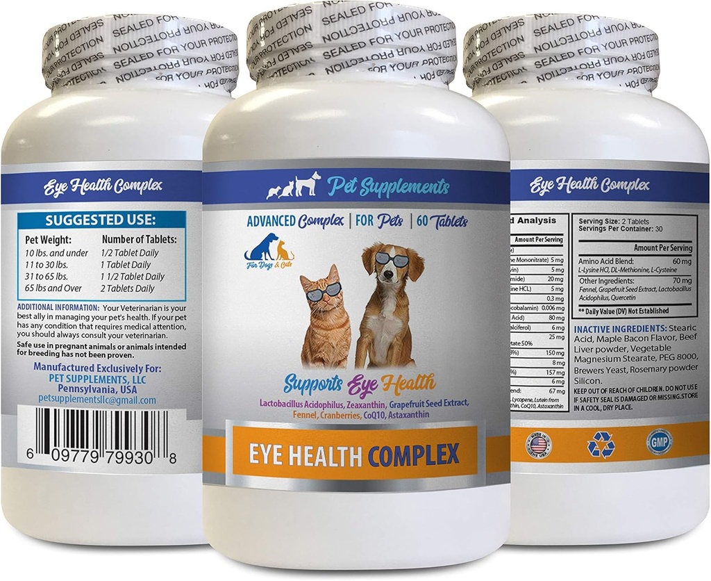 Dog Eye Vitamíny - PET Eye Health Complex - Psi a kočky - Podporuje oční vidění - astaxanthin pro psy, Doplněk pro oční vidění pro psy a kočky, Oční vitamíny Lutein a zeaxanthin 1Bot 60Tabs