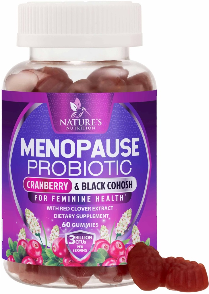 Menopauza Doplňky pro ženy - 3 miliardy CFU přírodní menopauza Relief pro mírné horké záblesky & noční pocení, PH, Vaginální zdravotní podpora Probiotika pro ženy Gummy, Probiotický dodatek - 60 Gummies