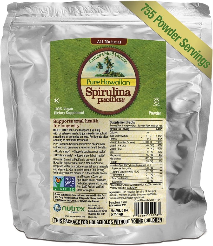 Čistá havajská Spirulina Powder 5 liber Bulk Bag - zvyšuje energii a podporuje imunitu - Vegan, non GMO - Přírodní Superfood pěstované na Havaji