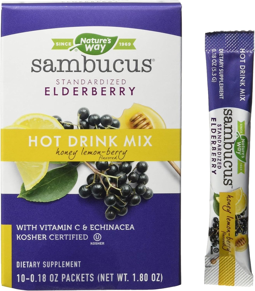 Nature 's Way Nature' s Way Sambucus Soothing Elderberry Hot Drink Mix, with Vitamin C & Echinacea, 10 Count, Honey Lemon-Berry Ochucené, 10 Count (Pack of 12)
