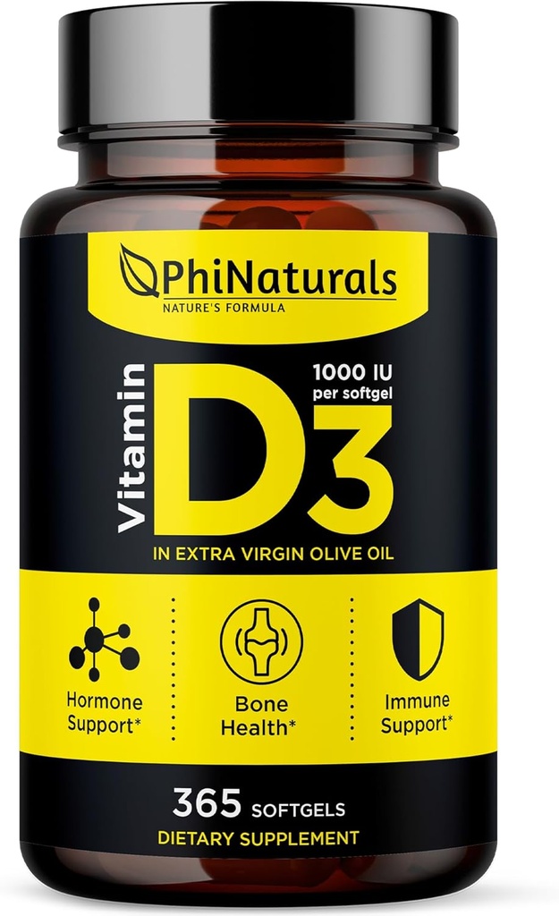 PhiNaturals Vitamin D3 1000iu Softgels Dodatek Olive Oil Base 365 Gel Caps Jeden rok Dodávka VIT D, Vitamina D 3 1000 iu