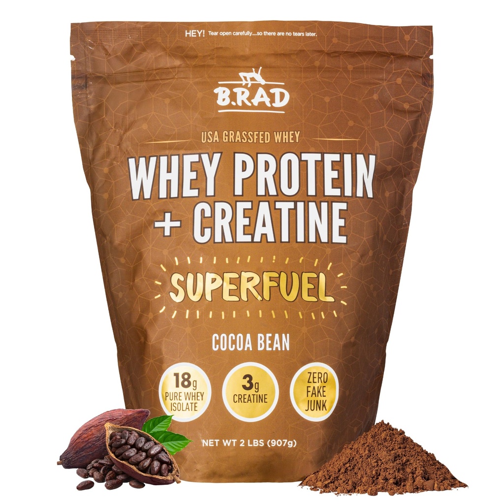 B.rad Superfuel - Grass Fed Whey Protein Isolate Busted with Creatine CLAS124; Farm- Fresh, Easy- to- Digest, Clean Ingredients CLAS124; 100% USA Sourced CLAS124; Cocoa Bean (Chocolate)