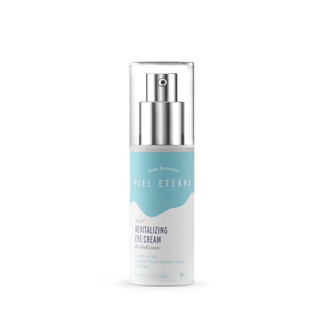 Santo Remedio, Piel Eterna, revitalizace oční krém, osvětlení oční krém, pomáhá snížit tmavé kruhy, Obsahuje Marina řasy, kofein, aloe, hyaluronic kyselina, vitamín E, pro všechny typy kůže, 1 Fl. Oz.